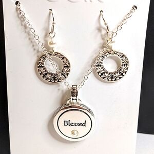 Belk Silver Tone NWT Simulated Pearl and Metal "Blessed" Necklace & Earring Set